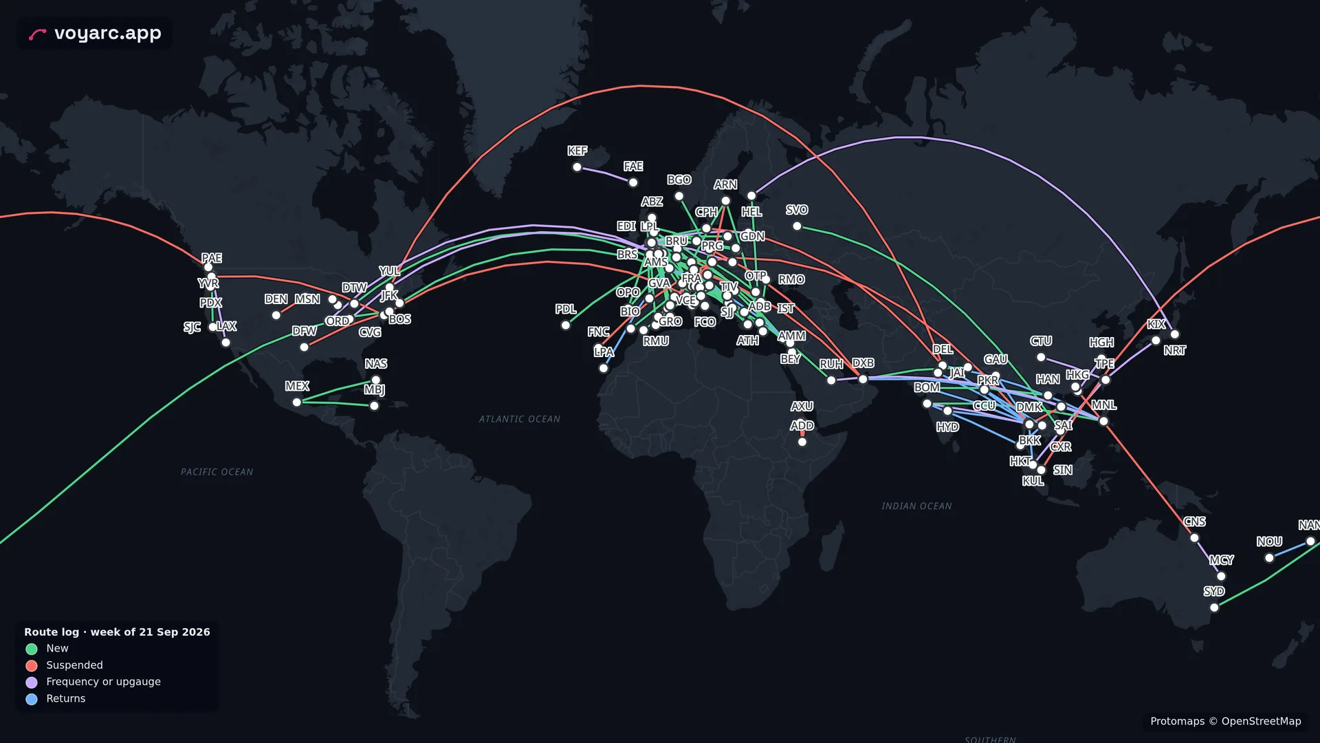 Every route in the week of 21 Sep 2026, drawn on the Voyarc map