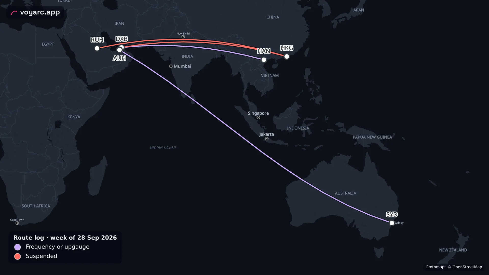 Every route in the week of 28 Sep 2026, drawn on the Voyarc map